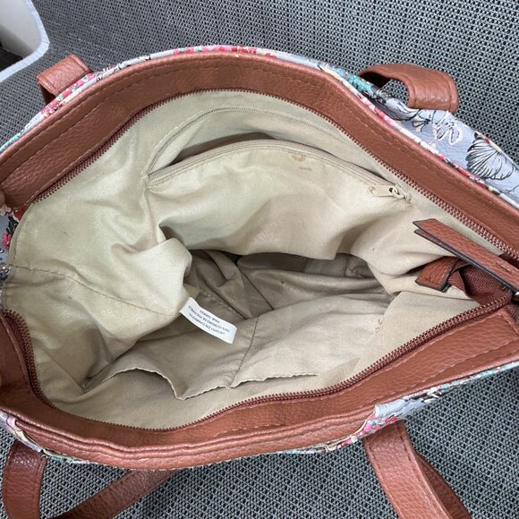 Rosetti Floral Tote Bag With Tan Faux Leather Accents & Multiple Pockets - Picture 10 of 11